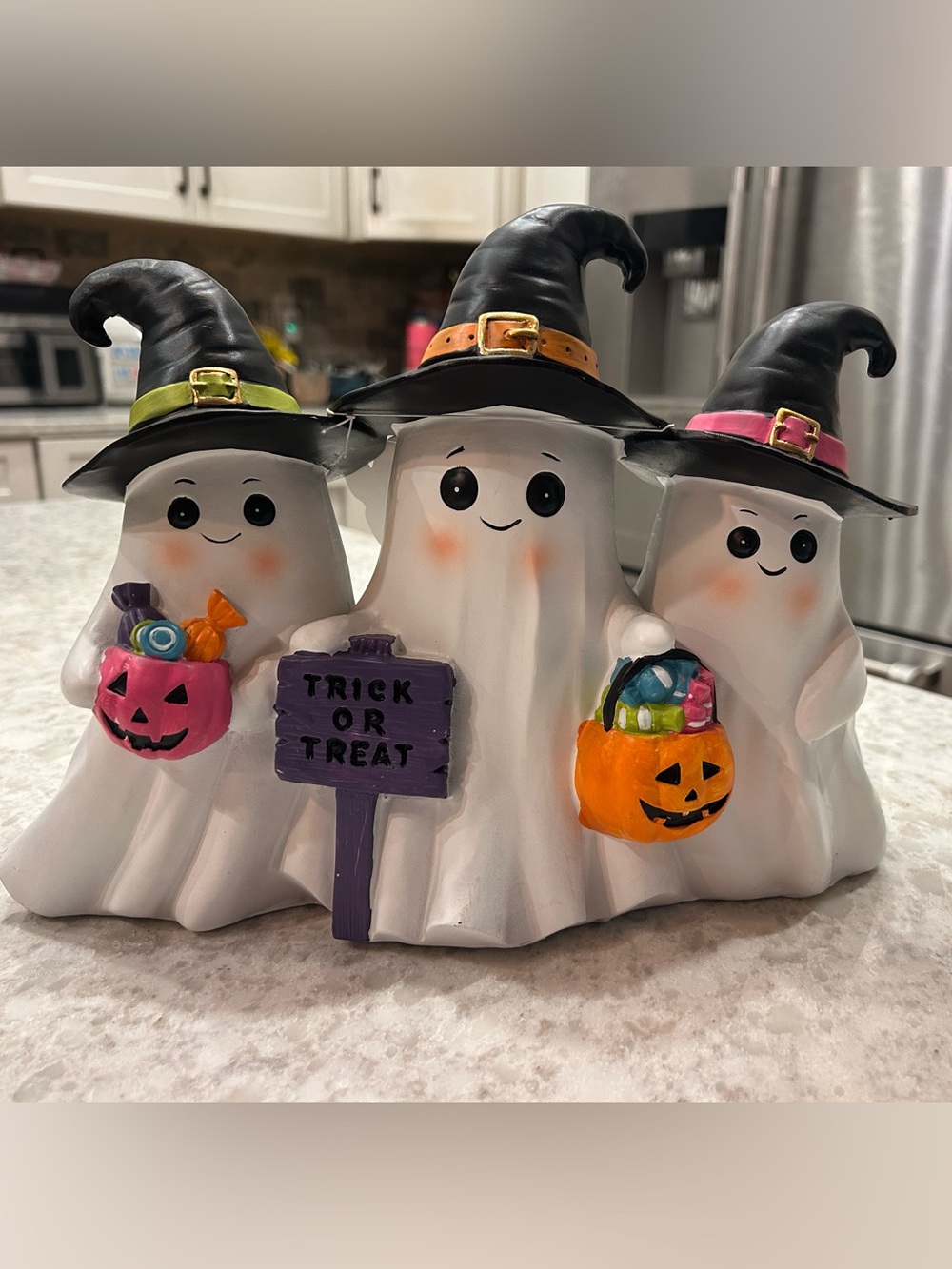 “New” Cute Halloween Ghost Trio Figurine - White with Black Witch Hats
